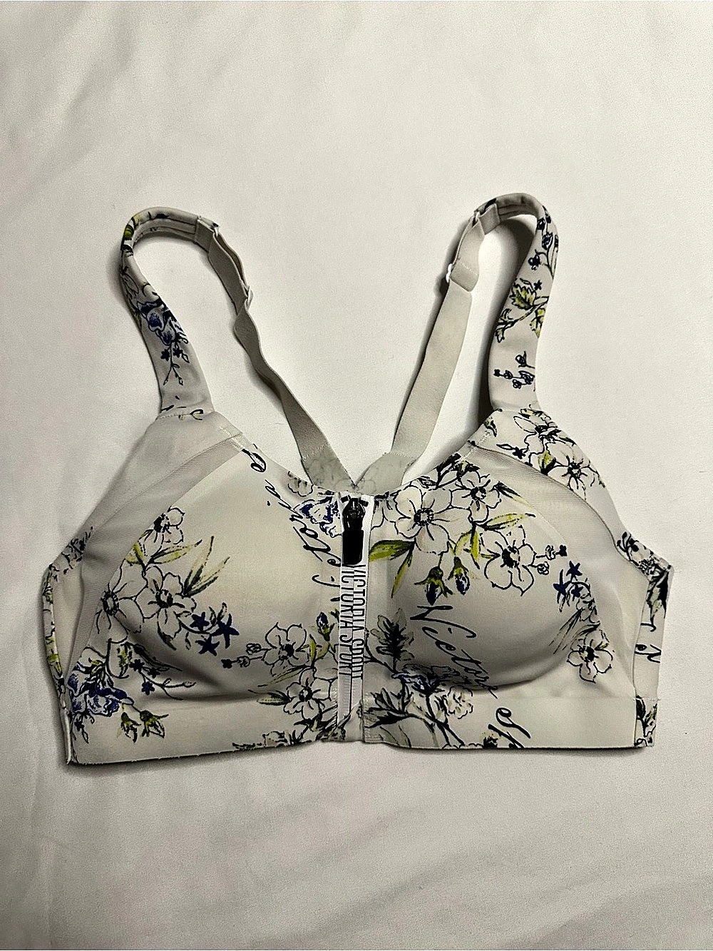 Victoria's Secret white floral sports bra with blue flowers, unzip & unsnap